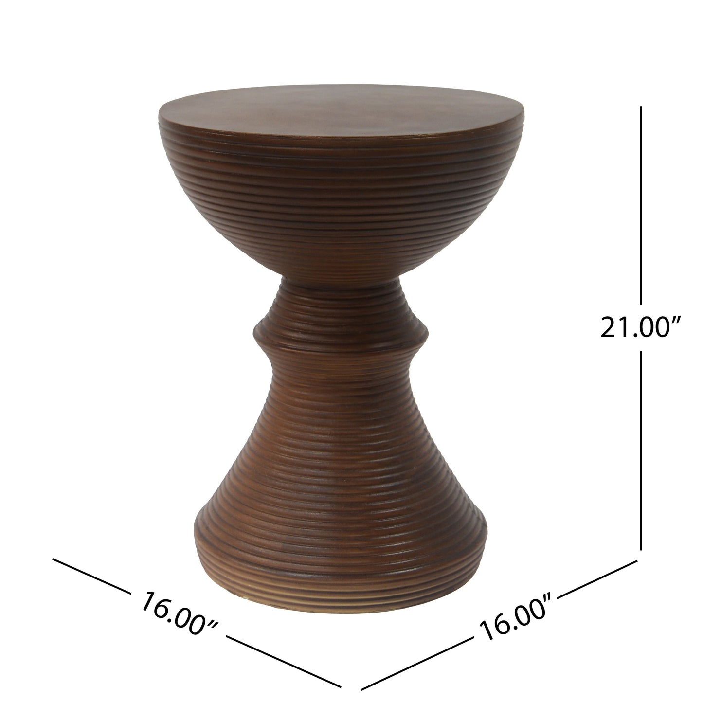 16 Ribbed Brown Concrete Outdoor Side Table With Hourglass Design