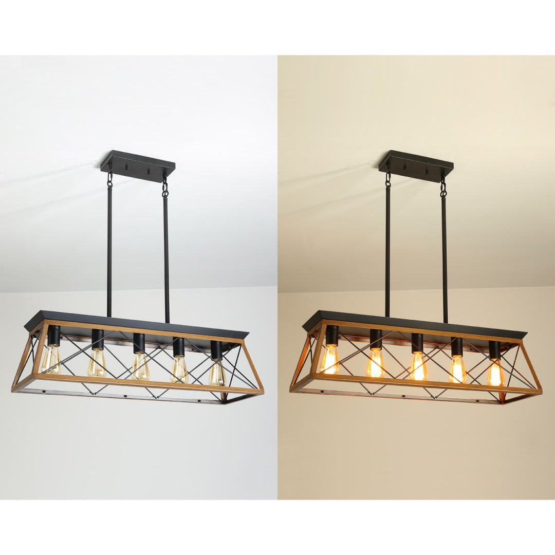 32-Inch Walnut Industrial 5-Light Pendant Chandelier - Adjustable