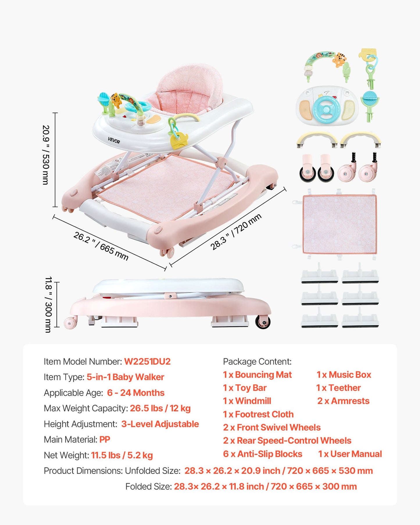 5-in-1 Baby Walker Activity Center - Height Adjustable Toddler Push & Rocker