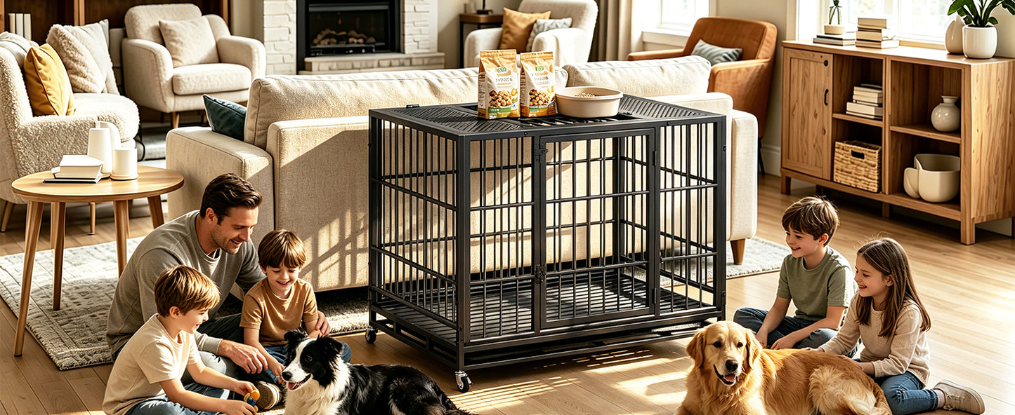 Heavy Duty Dog Crate with Lockable Wheels and Perforated Top, Indoor Outdoor Kennel