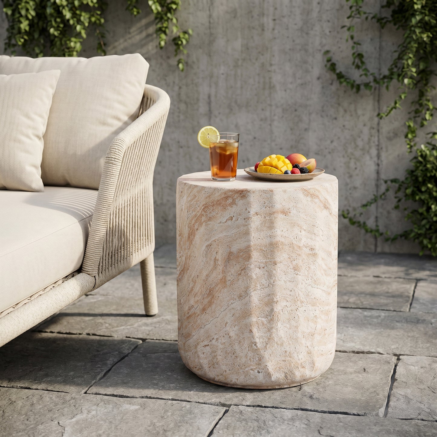 Lightweight Concrete Side Table - Beige Cylinder Accent Table