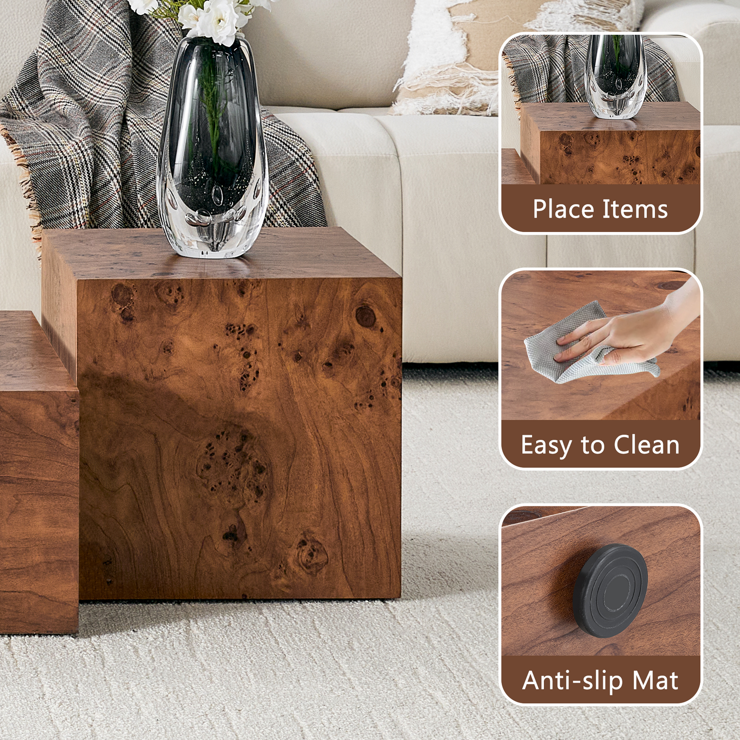 Height Adjustable Burl Walnut Veneer MDF Cube Table - 15.7"