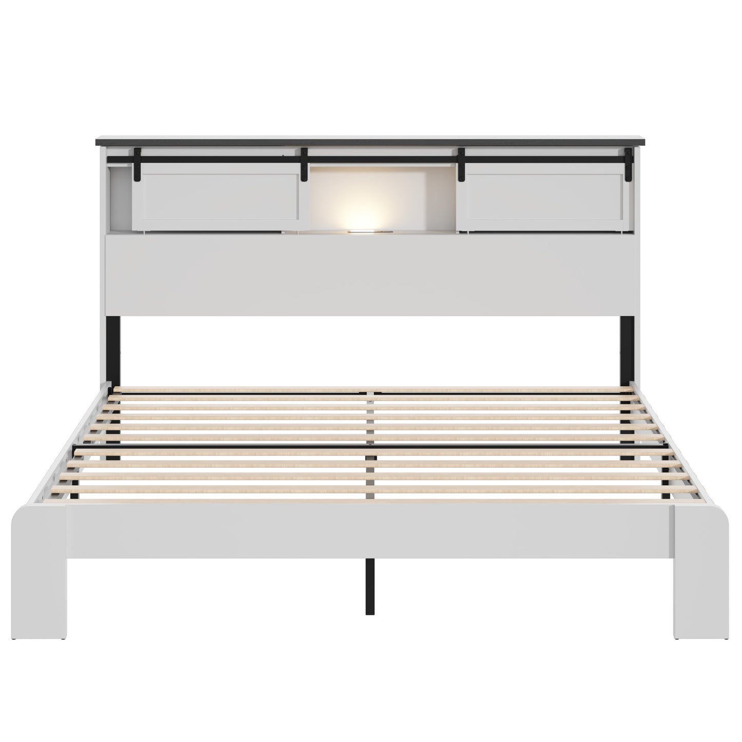 Queen Metal Platform Bed Frame with USB Charging Station - White