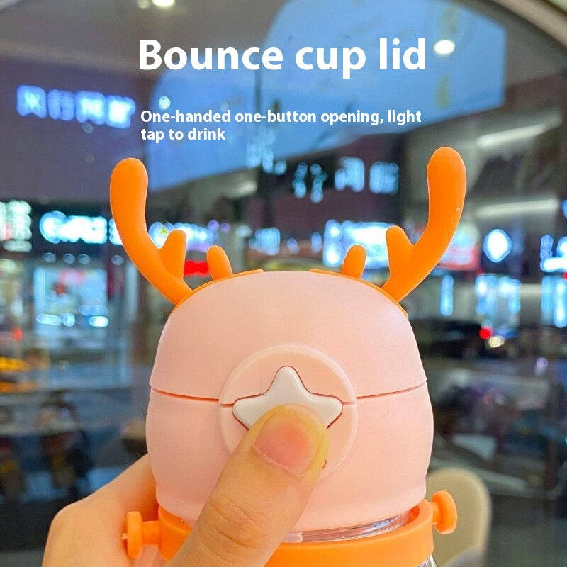 Large Capacity Cartoon Antlers Plastic Drinking Cup with Straw - 600ML, Multiple Colors