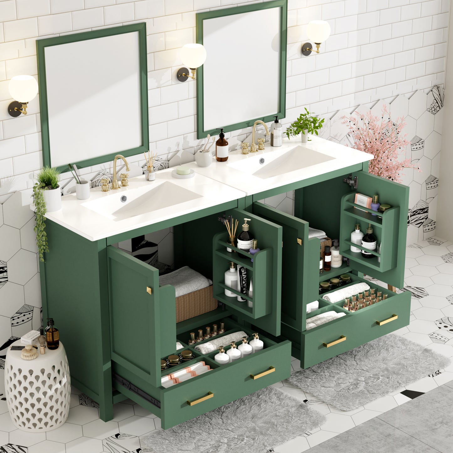 60" Green Bathroom Vanity Set with Double Ceramic Sinks