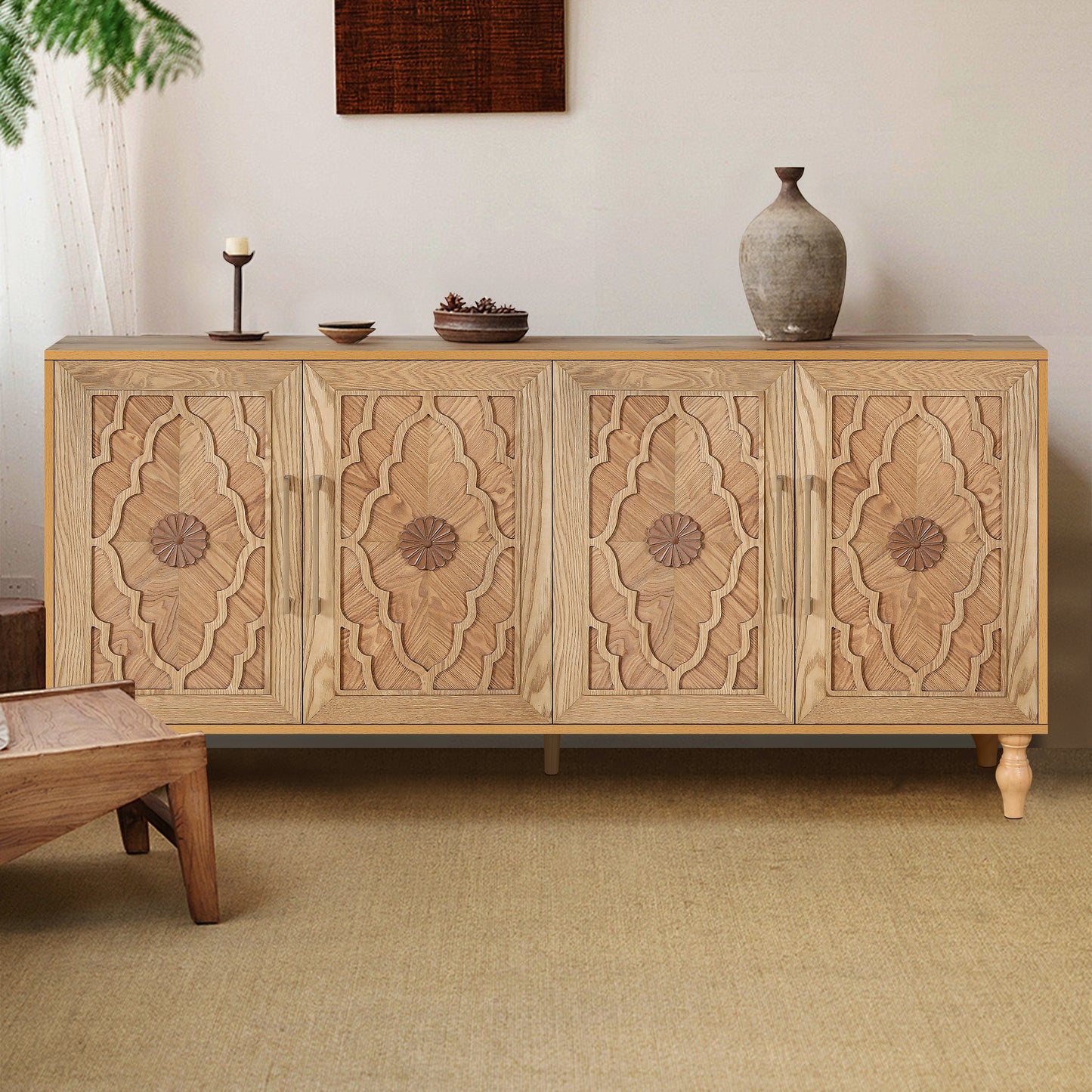 Large Carved Flower Door Storage Cabinet - Natural Wood