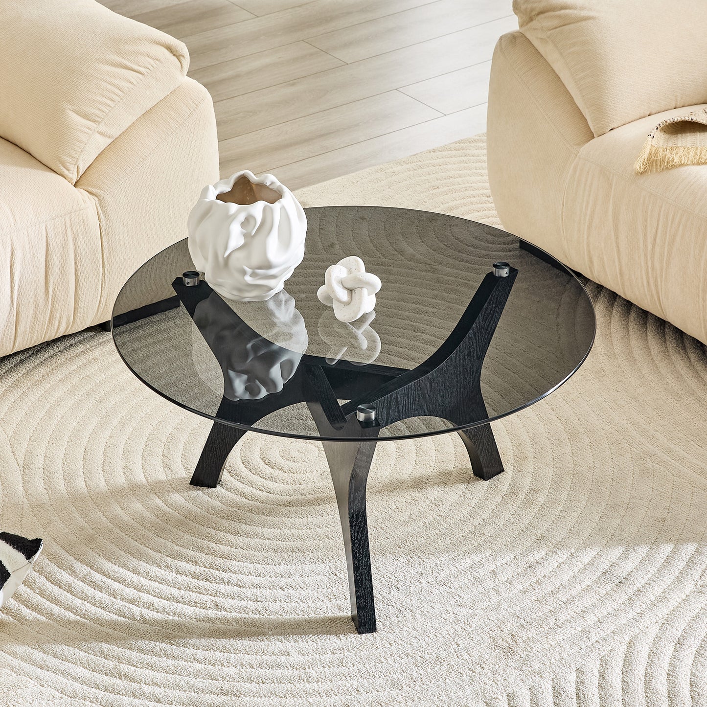 31.5" Mid-Century Modern Glass Coffee Table - Black Wood Grain