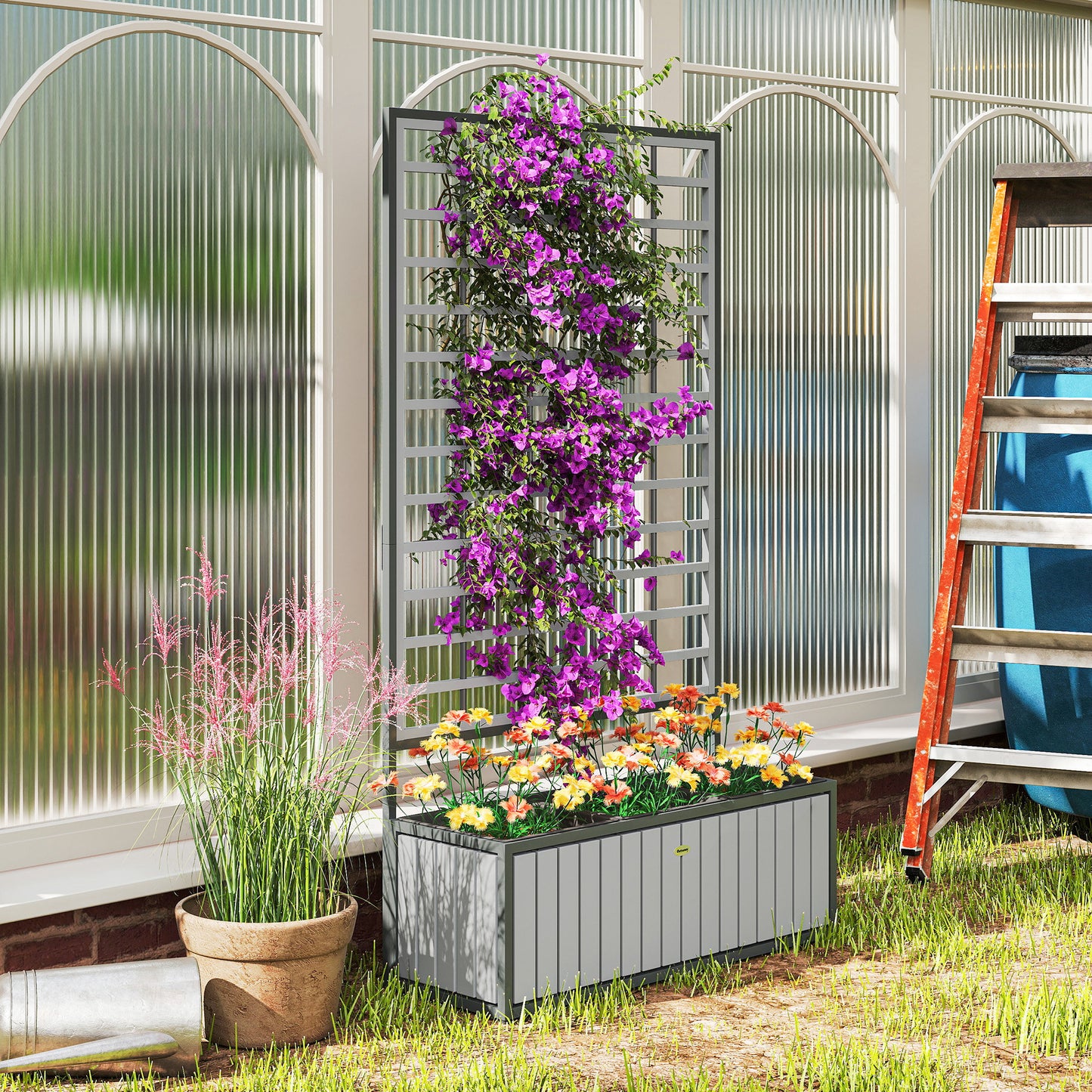 Wooden Raised Garden Bed with Trellis & Removable Pots, Gray, 29x11x52 Inches
