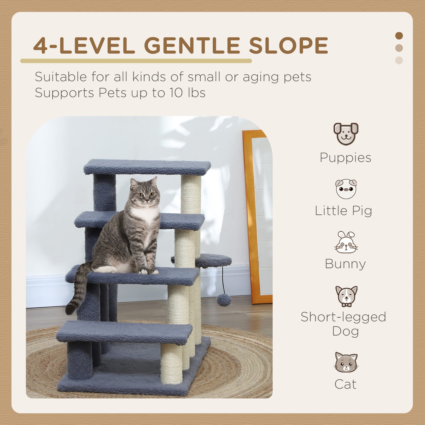 Cat Steps with Scratching Posts for High Beds & Sofas - Gray, 4 Levels