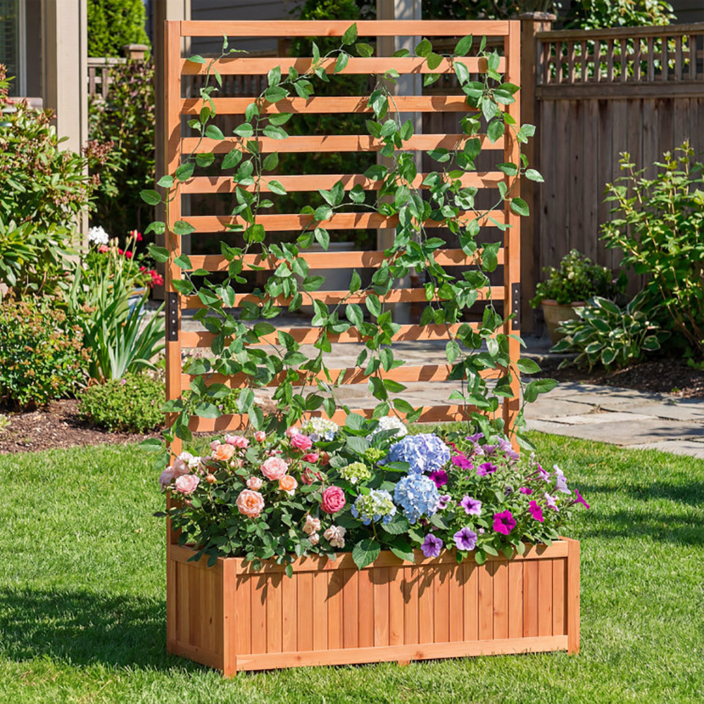 Wooden Raised Garden Bed with Trellis - 59 Inch Tall Planter Box
