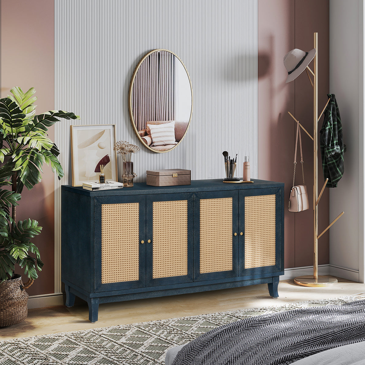 Rattan Sideboard Cabinet with 4 Doors - Antique Navy Blue