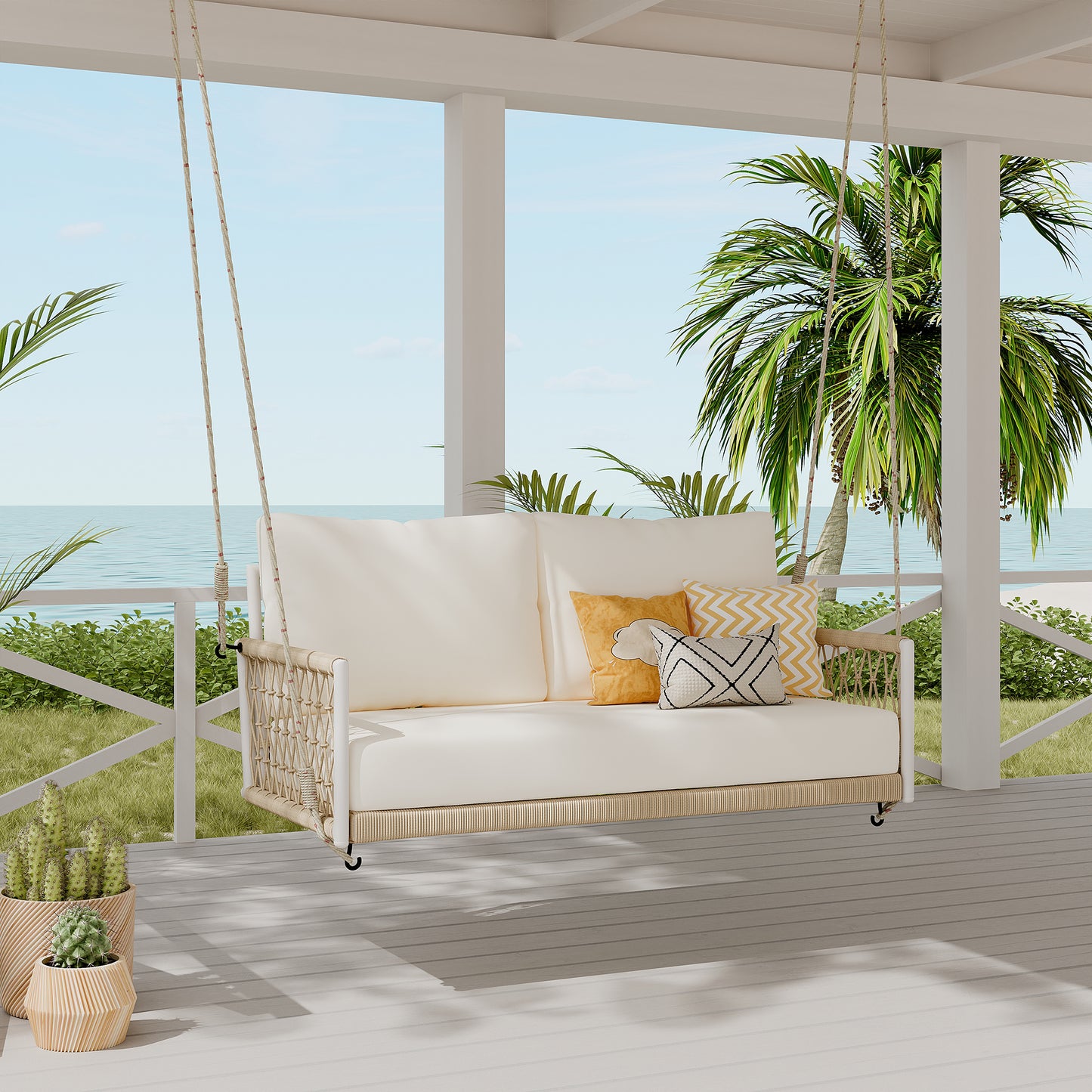Woven Rope Outdoor Swing Sofa with Soft Cushions for 2 - Beige