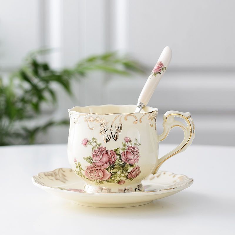 Creative Ceramic Coffee Cup and Saucer Set - Hand Painted Rose Design