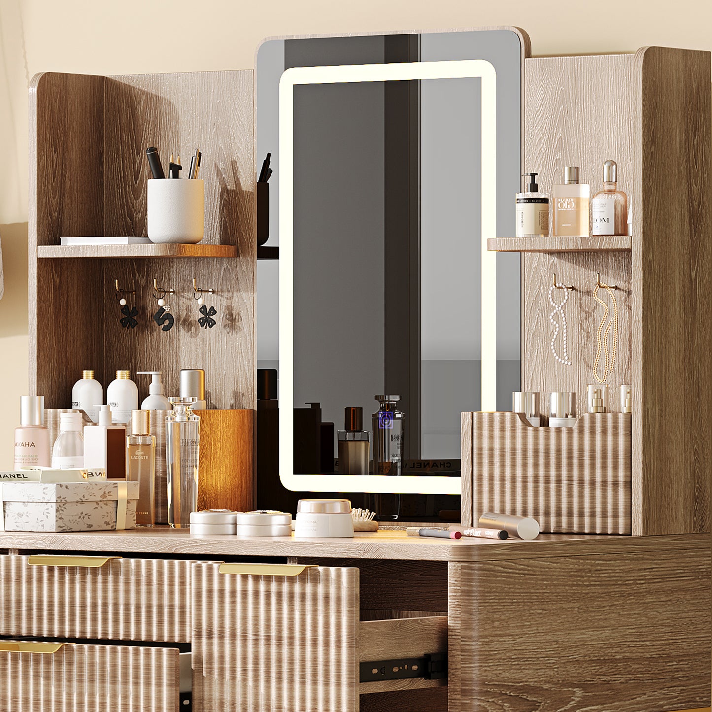 4-Drawer Vanity Desk With LED Mirror & Carved Details, Fluted Makeup