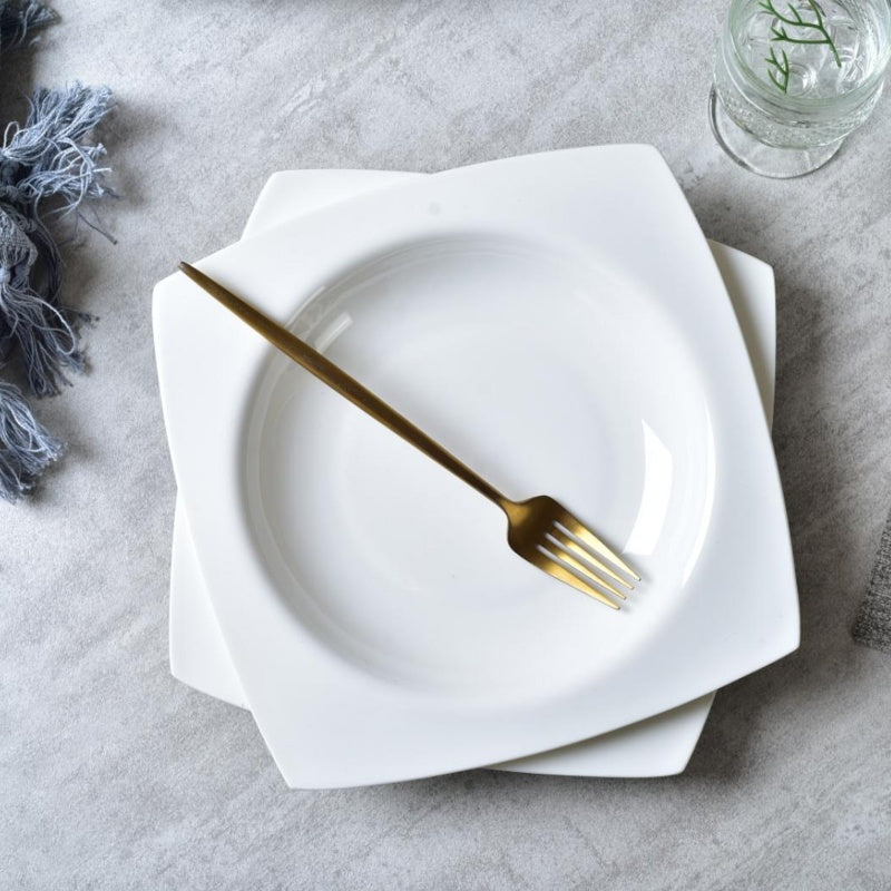9.5-Inch Square Soup Plate Set - 6 Pieces of White Bone China