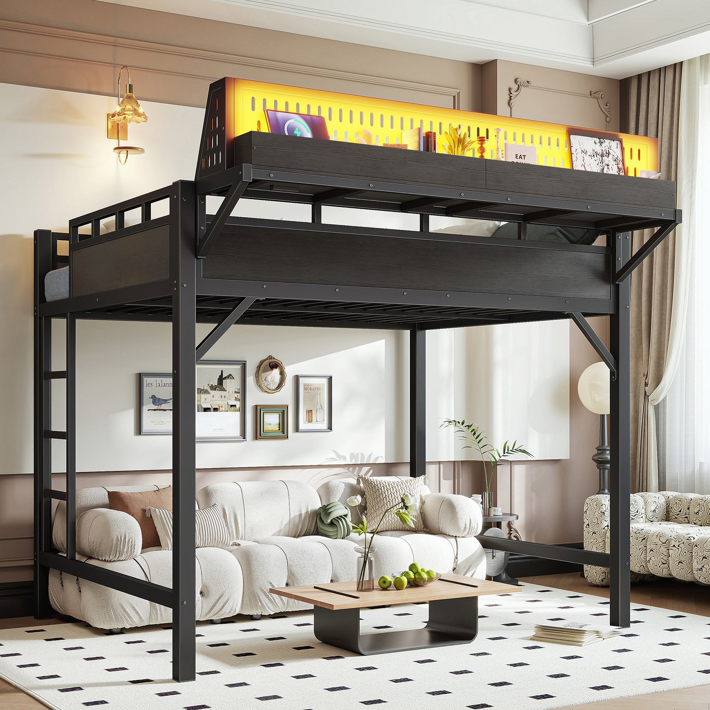 Full Size Metal Loft Bed Frame with Storage Shelves & USB Ports