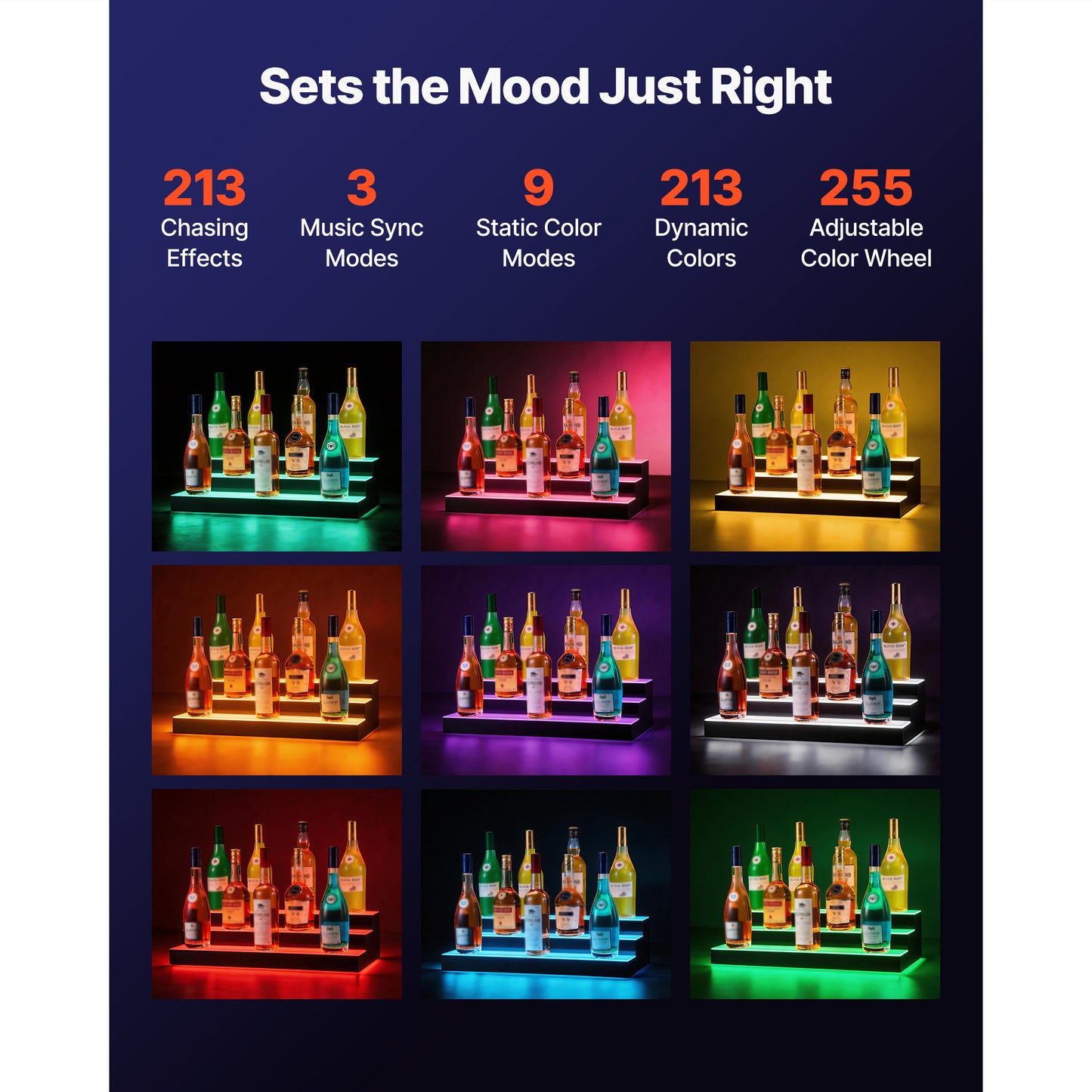 LED Liquor Bottle Display with Remote Control - 3 Tiers, Acrylic Lighted Bar Shelf