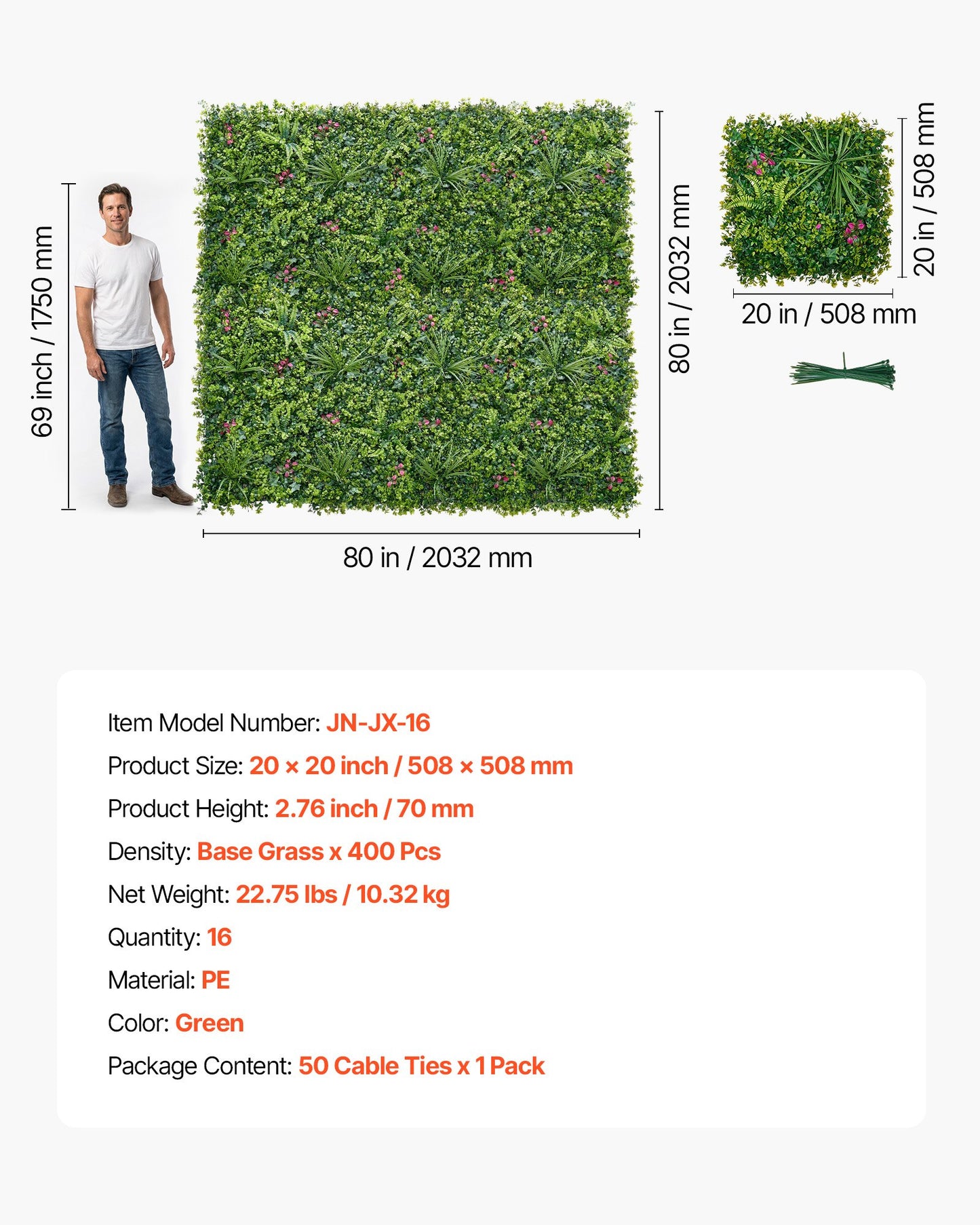 Artificial Greenery Wall Panel Set - 16 Pieces, 20x20 Inches, Privacy Fence for Indoor & Outdoor Garden, Wedding Backdrop