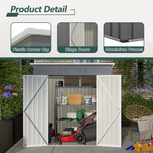 6x4 Outdoor Metal Garden Tool Storage Shed with Lockable Door and Floor Frame - Gray