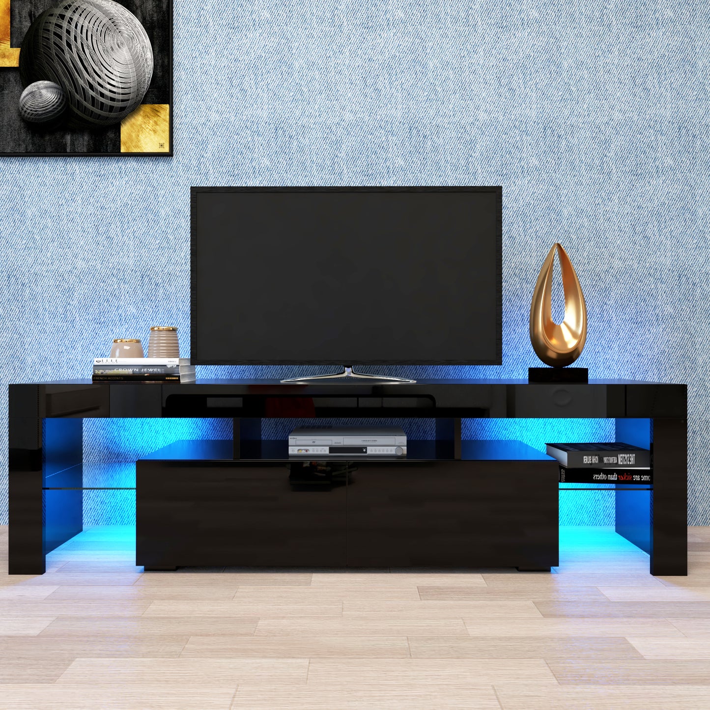 Modern Black TV Stand with LED Lights & Remote Control - 63"