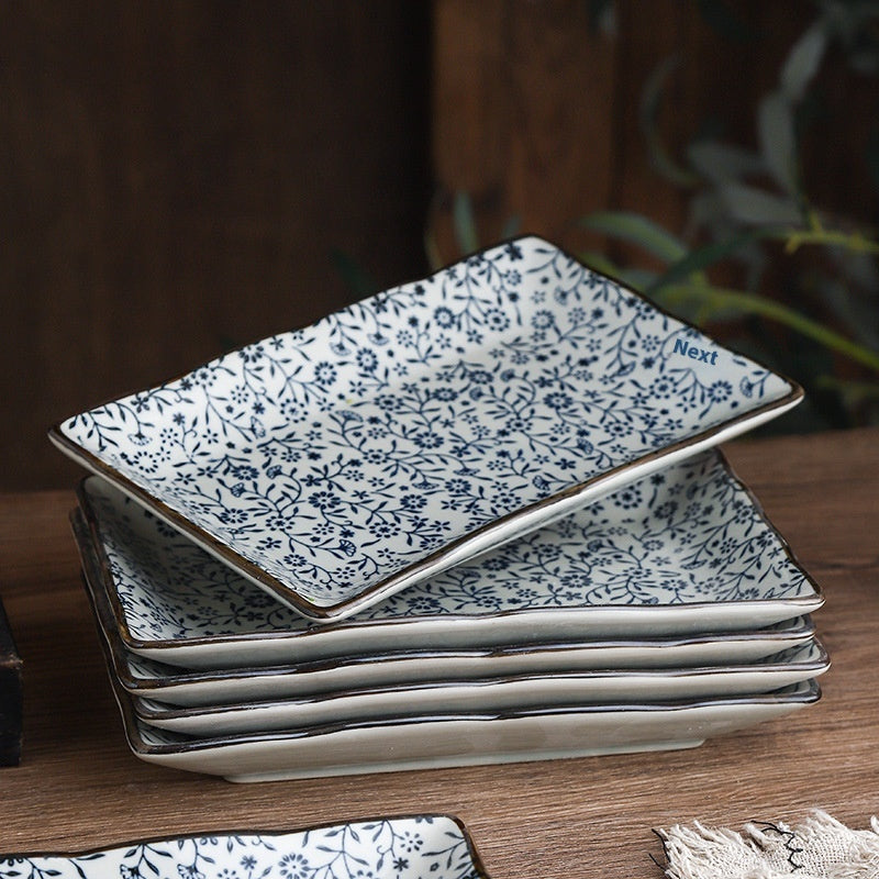Ceramic Rectangular Plate Set - Antique Under-Glaze Dinnerware for Kitchen