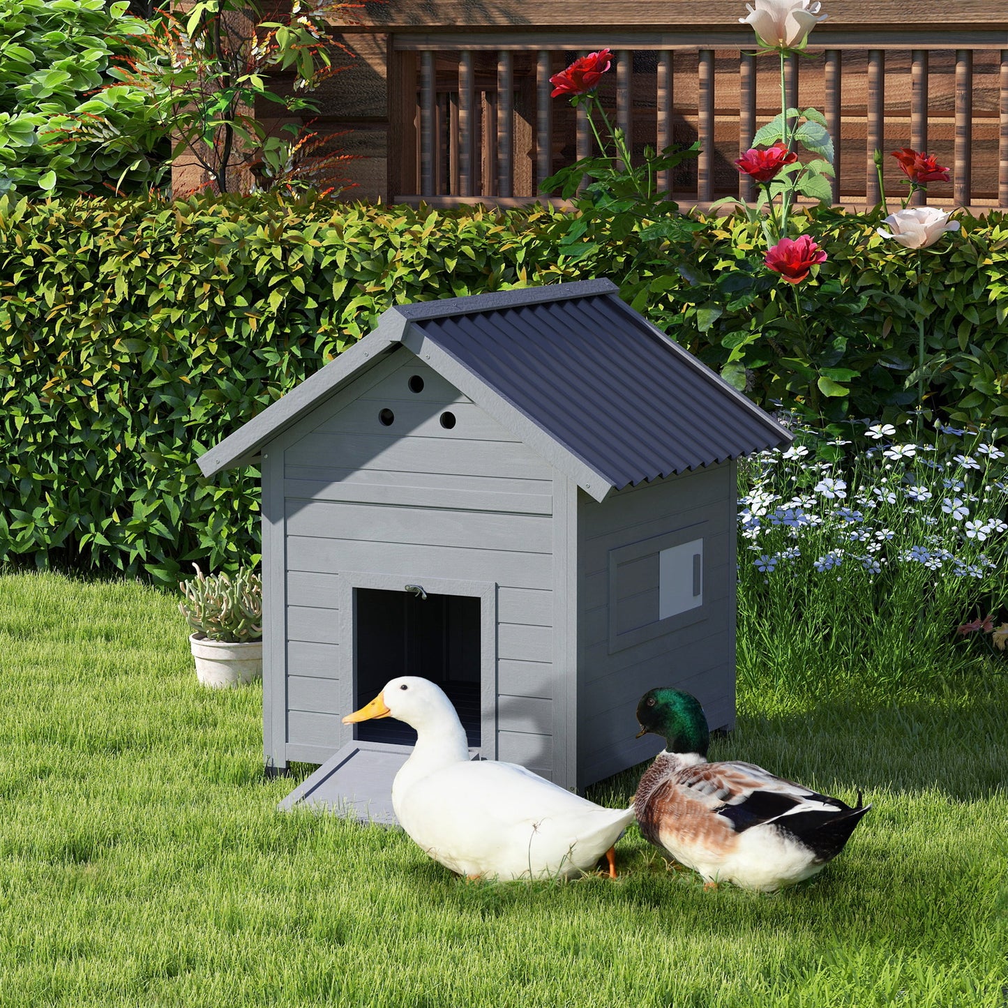 Wooden Duck Coop with Openable Roof & Double Doors - Light Gray, 920x780x240 mm
