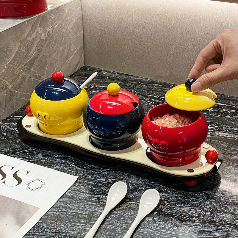 Ceramic Seasoning Jar Set with Lid and Spoon - Kitchen Storage Organizer