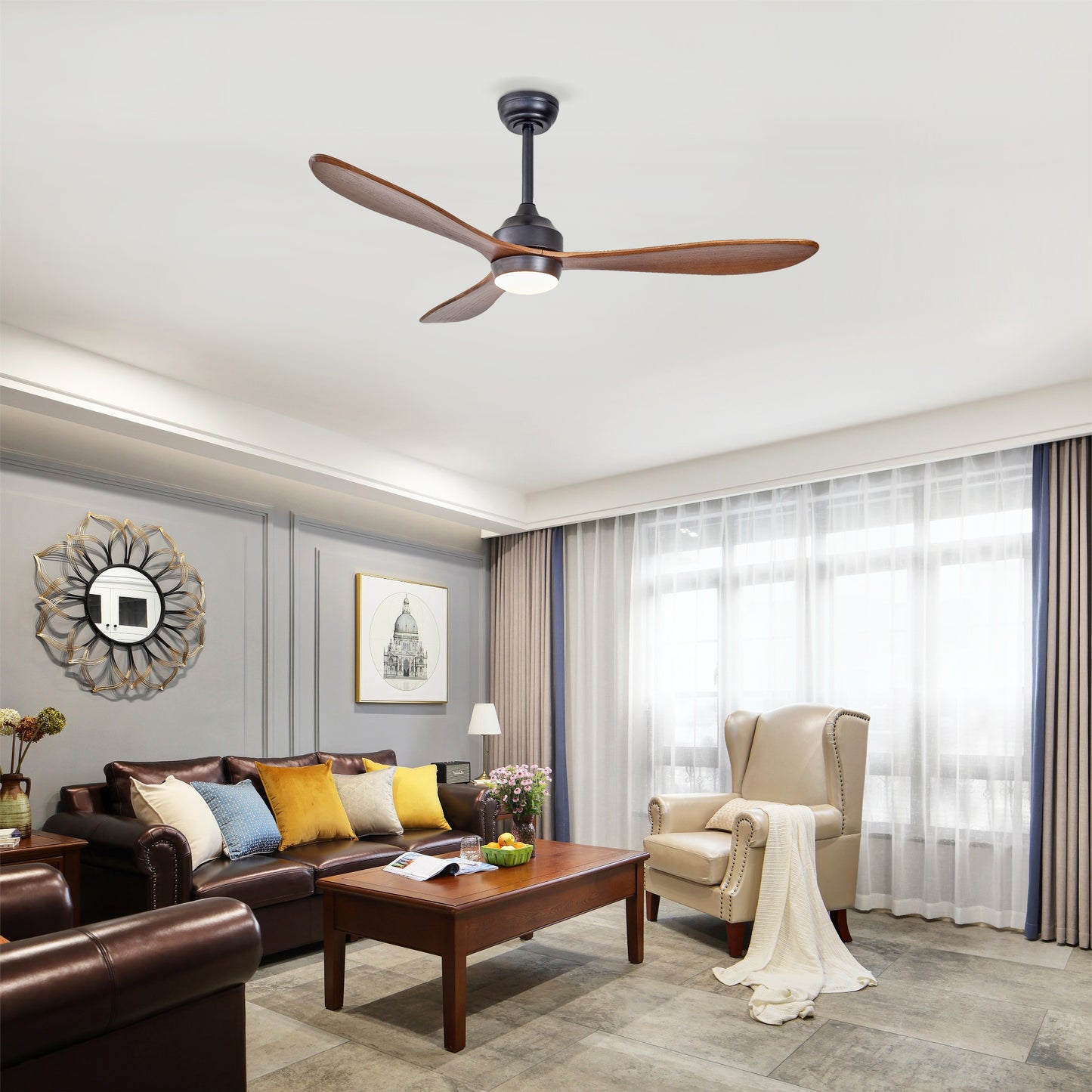 52-Inch Ceiling Fan with Lights - Quiet DC Motor, 6 Speeds, Reversible - Black