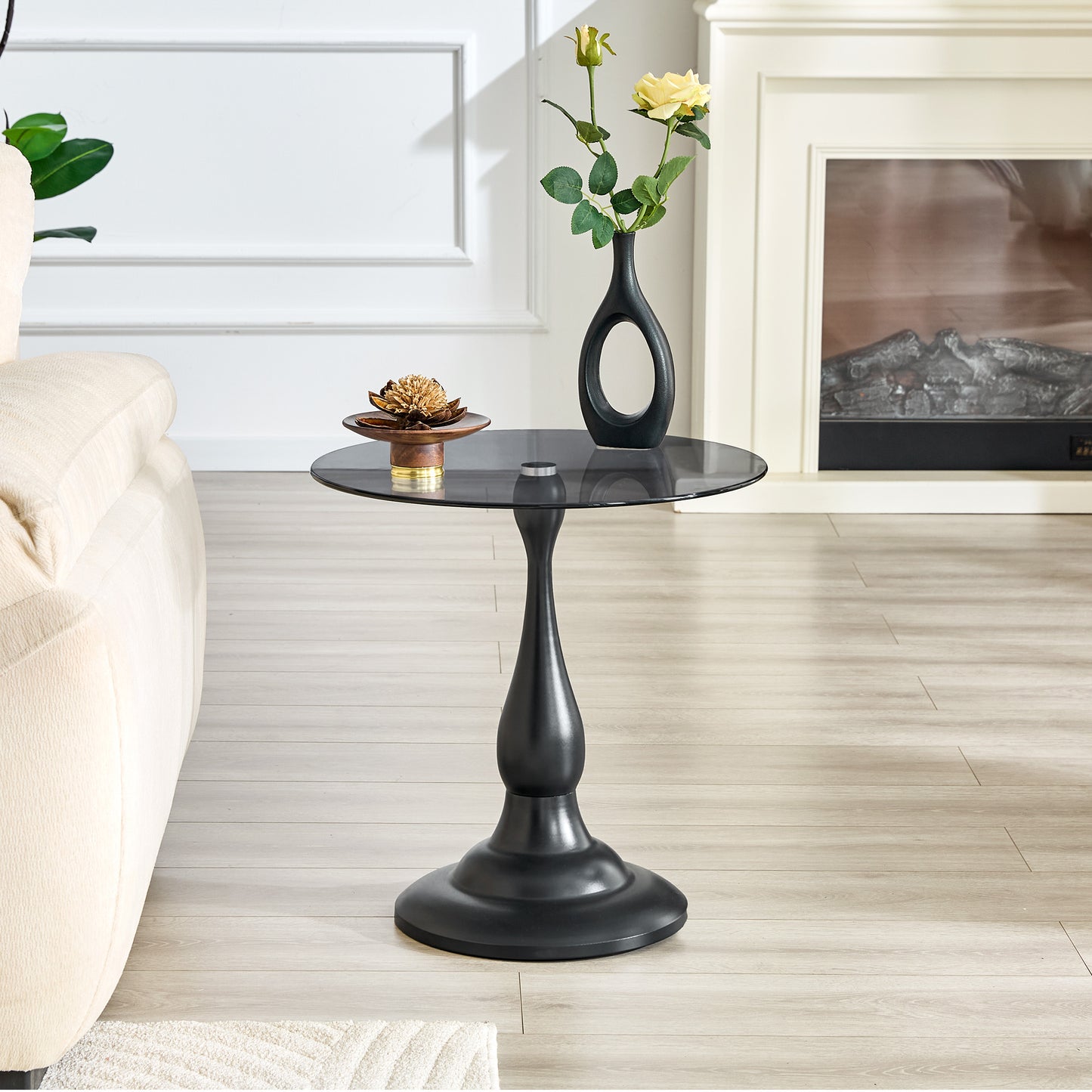Small Vintage Matte Black Round Side Table with Glass Top