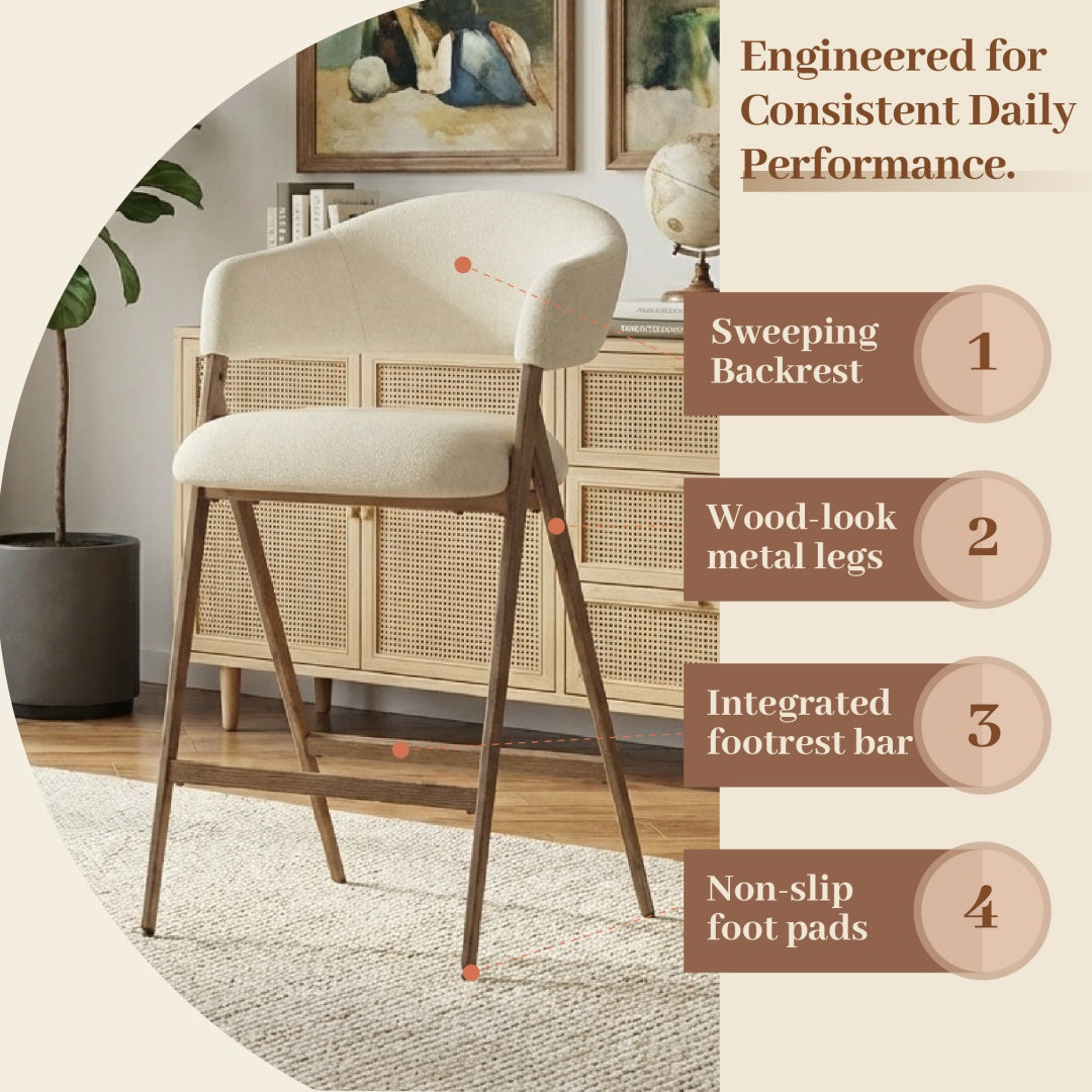 Counter Height Bar Stools Set of 2 - Upholstered with Metal Legs, Beige
