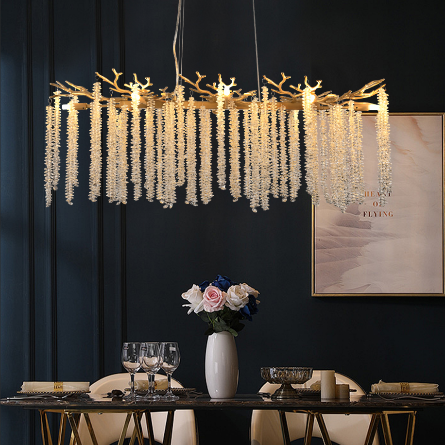 39-Inch Modern Gold Pendant Light with Cascading Crystal Strands - Living & Dining Room Fixture