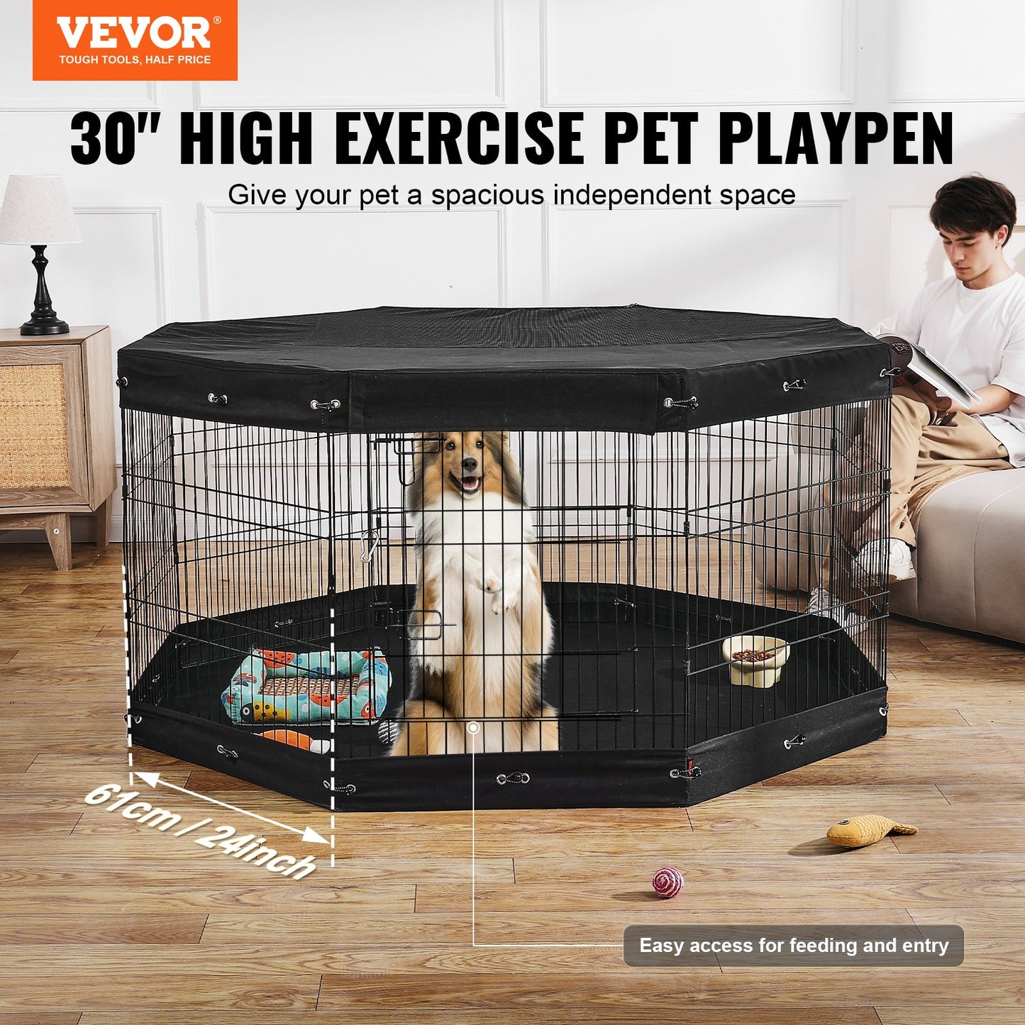 Foldable Metal Dog Playpen 8 Panels with Cover - 30 Inch High, Black