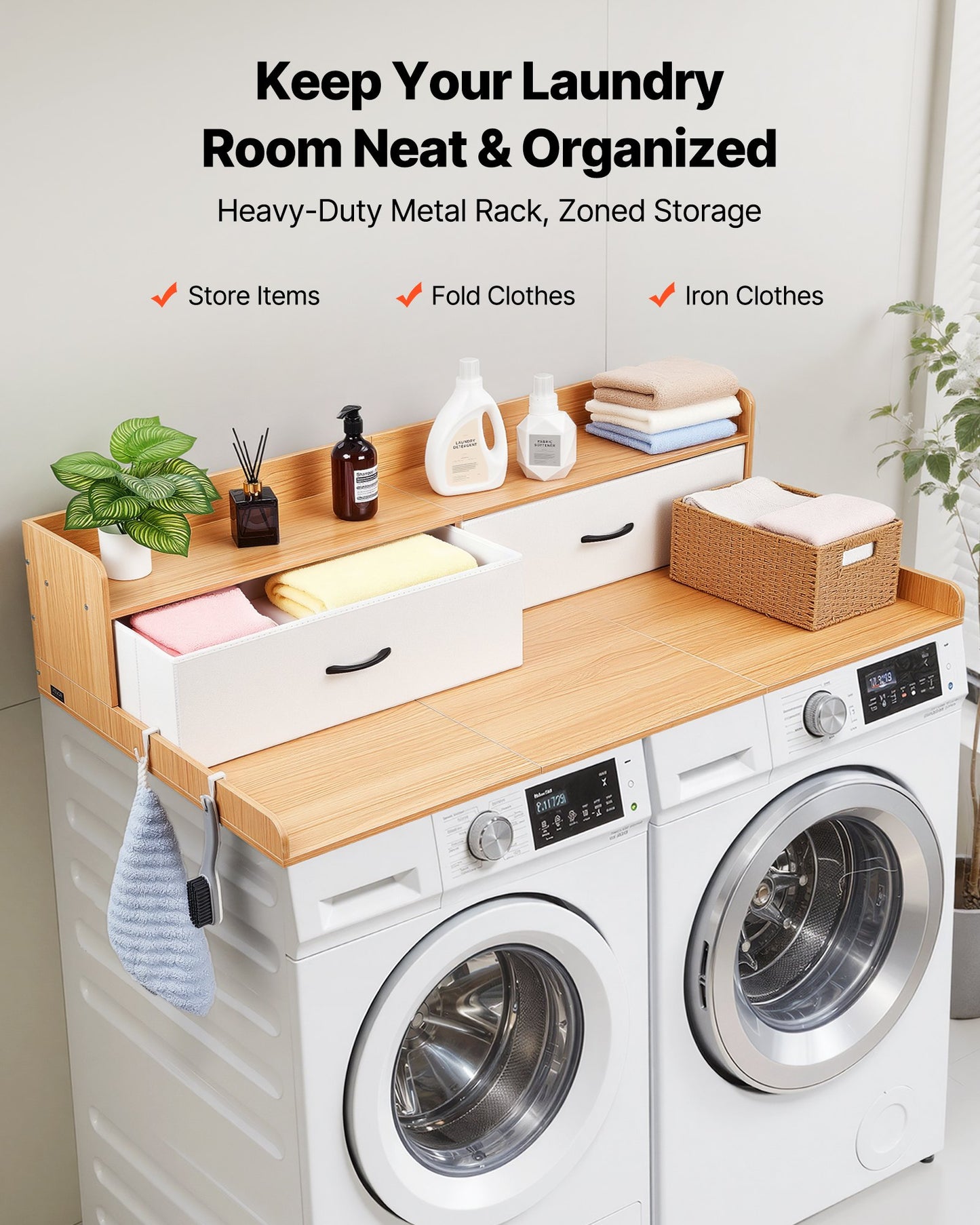 Washer Dryer Countertop with Shelf & Drawers - Laundry Organization Storage