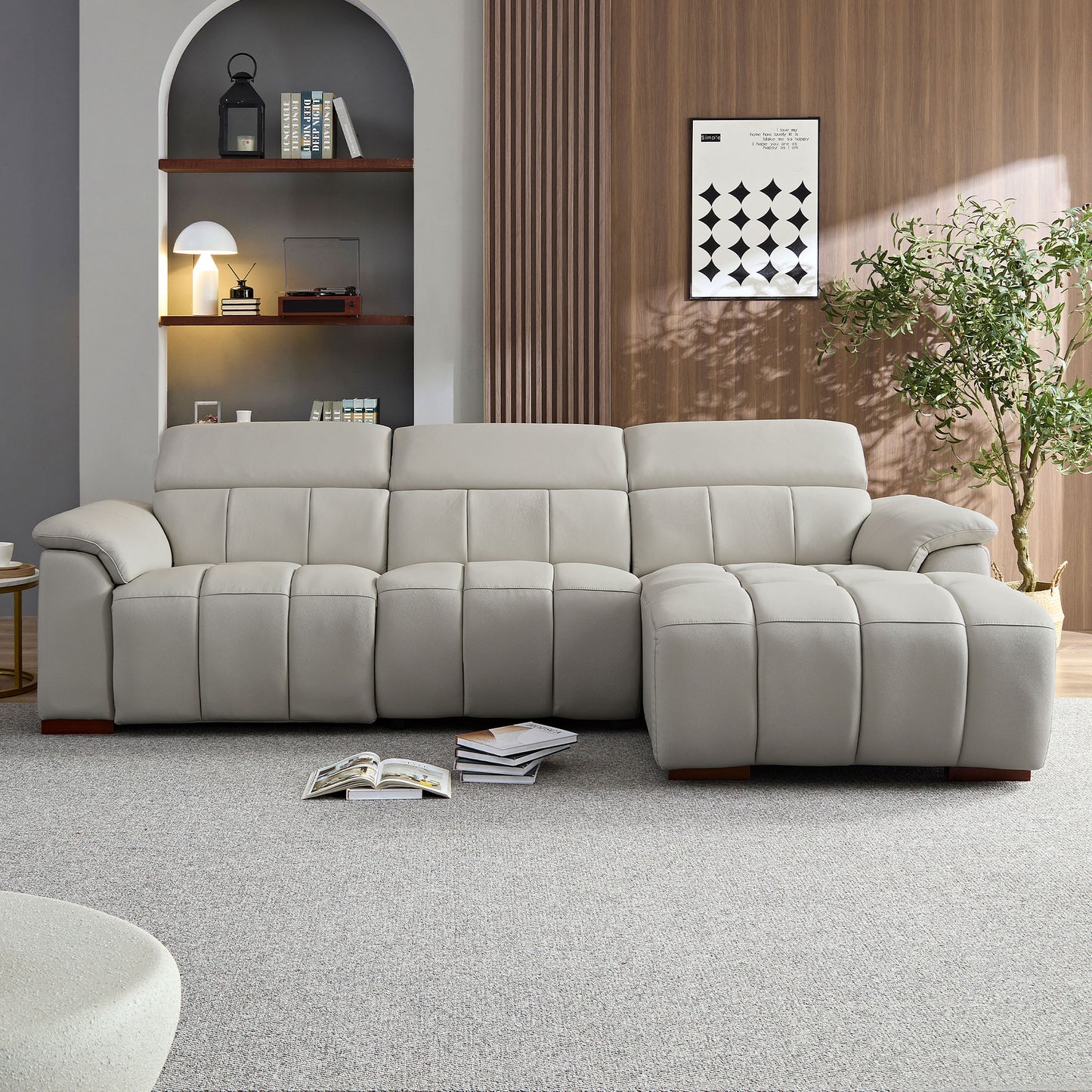 Electric Reclining Sofa - Modern L-Shaped Genuine Leather Couch with USB Port - Light Grey