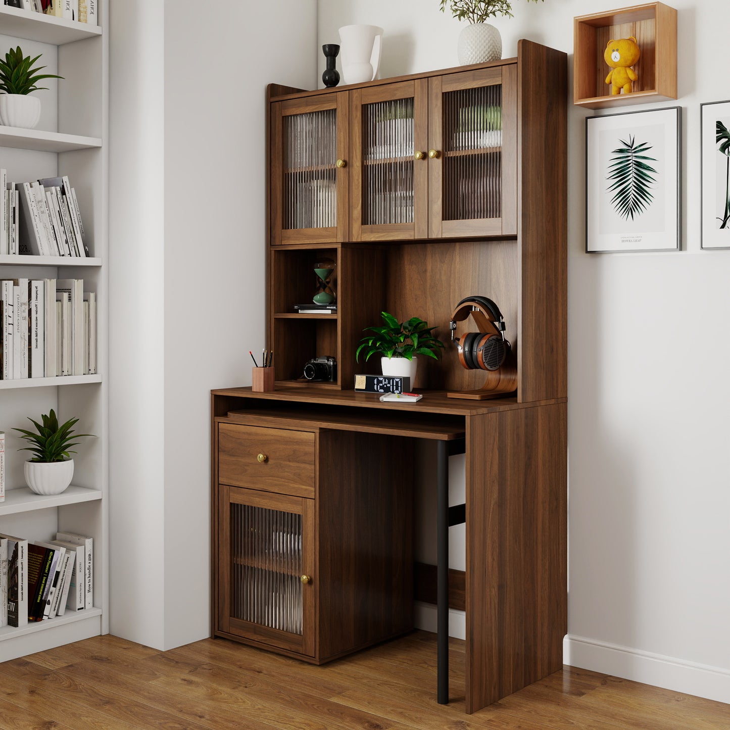 Computer Desk with Rotating Top & Glass Door - Walnut