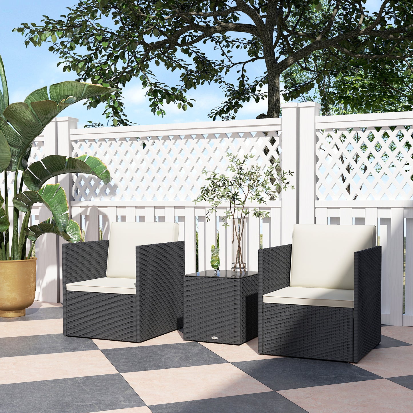 Folding Wicker Bistro Set - 3 Piece Outdoor Furniture with Cushions, Black