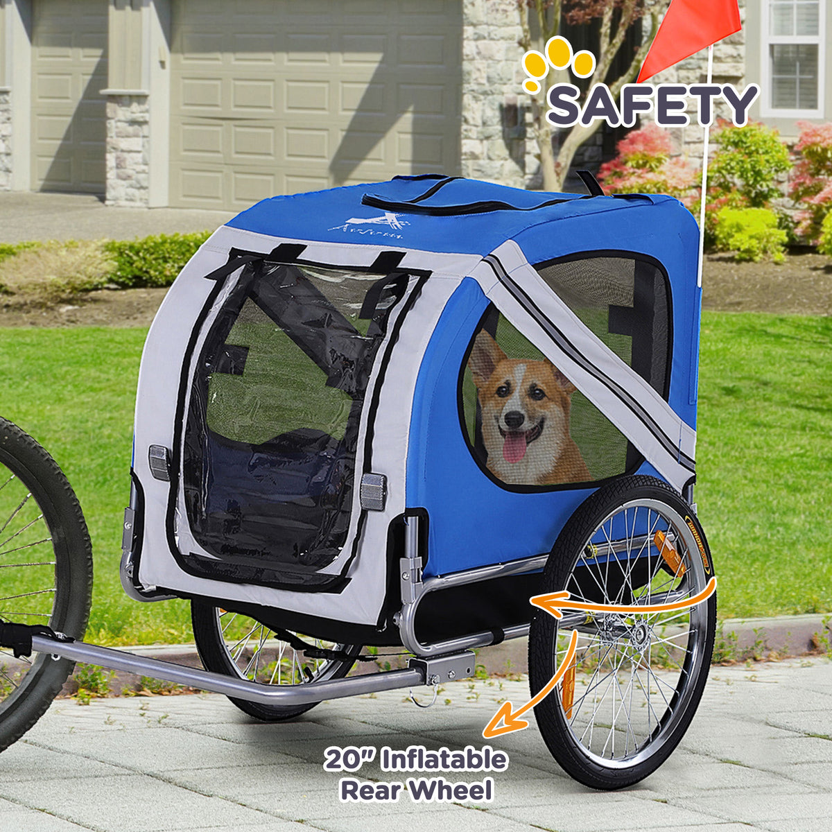 Pet Bike Trailer with Folding Frame, 20-Inch Wheels, Mesh Screens, Blue and White