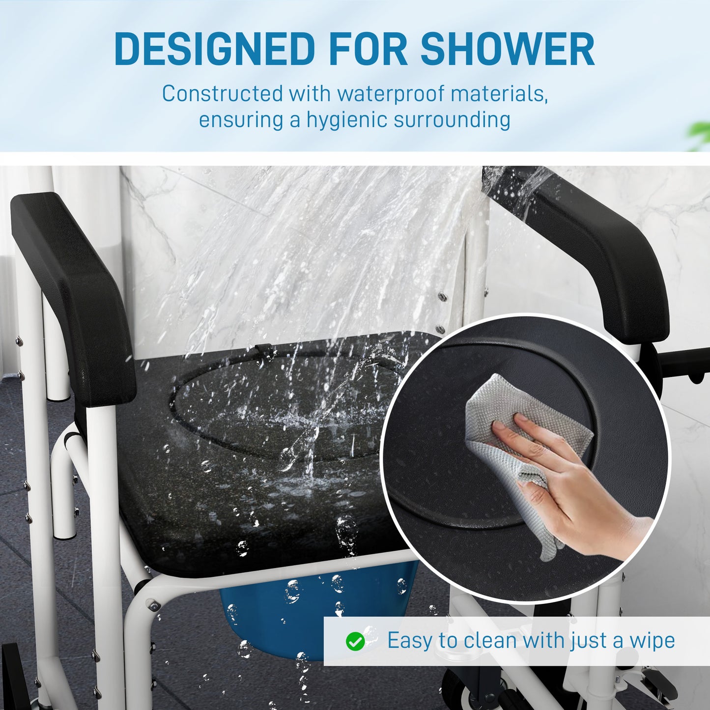 4-in-1 Shower Wheelchair for Seniors - Commode Chair with Locking Wheels, Black