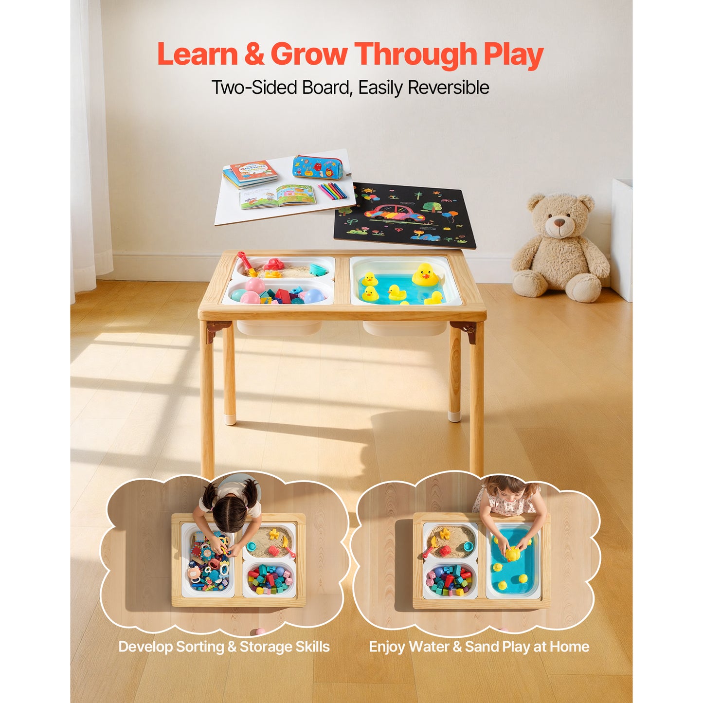 Foldable Wooden Toddler Sensory Table with Double-Sided Board & Storage Bins