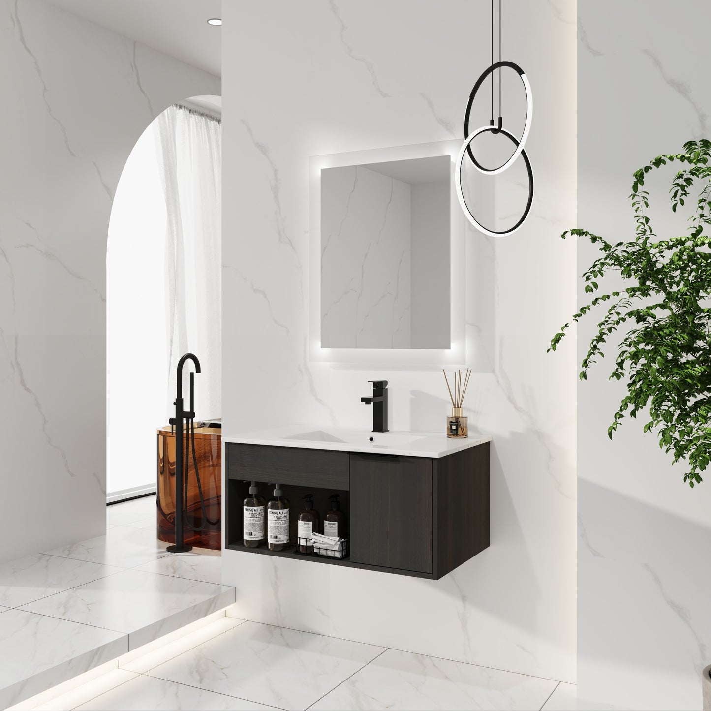 30-Inch Wall-Mounted Bathroom Vanity with Ceramic Sink - Dark Oak