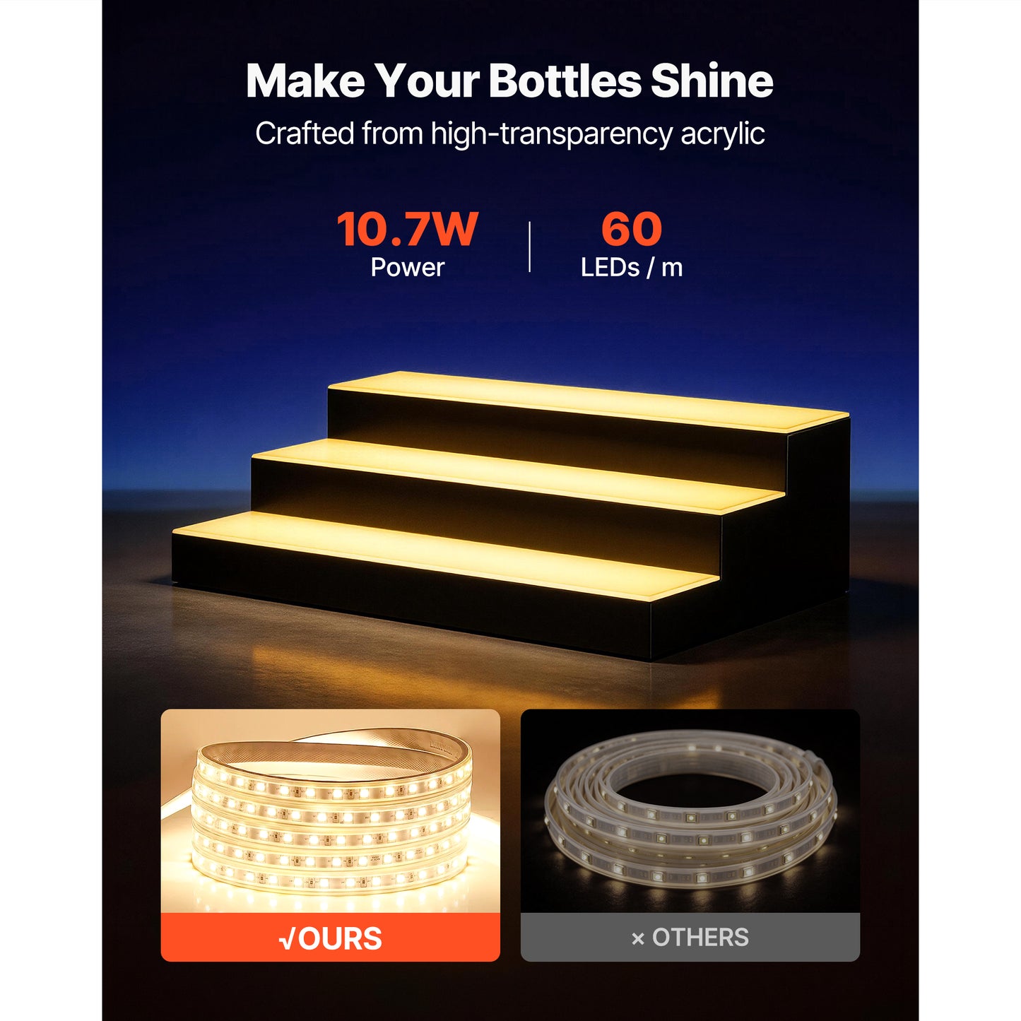LED Liquor Bottle Display with Remote Control - 3 Tiers, Acrylic Lighted Bar Shelf