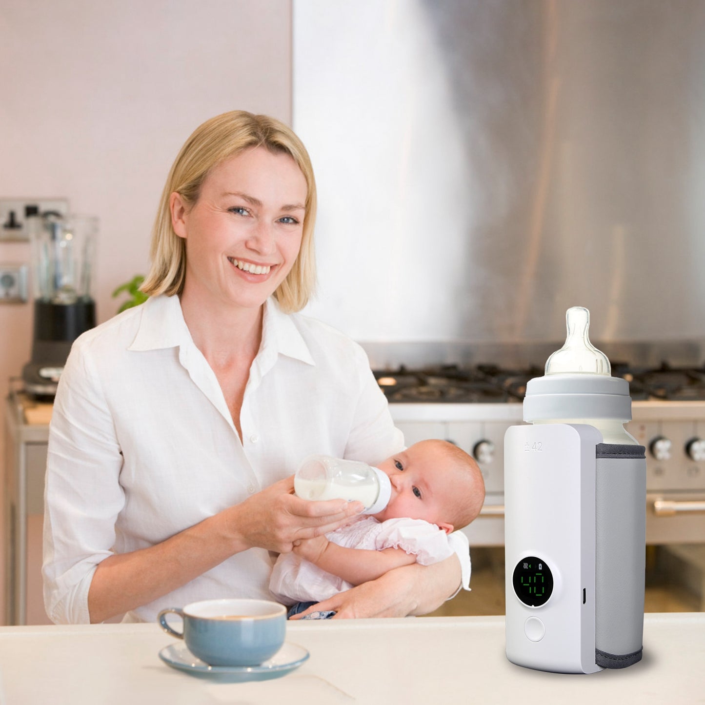 Portable Baby Bottle Warmer with 6 Heating Levels, USB Rechargeable, Keeps Milk Warm Up to 5 Hours - White