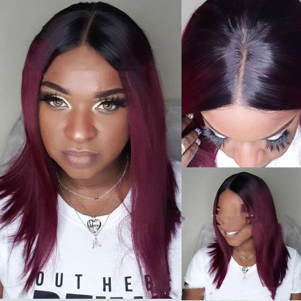 Women's Burgundy Short Straight Wig with Side Parting - 40cm Synthetic Hair