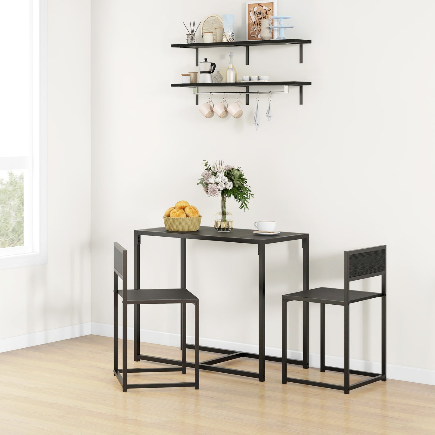 3-Piece Industrial Dining Room Set with Table & 2 Chairs - Black