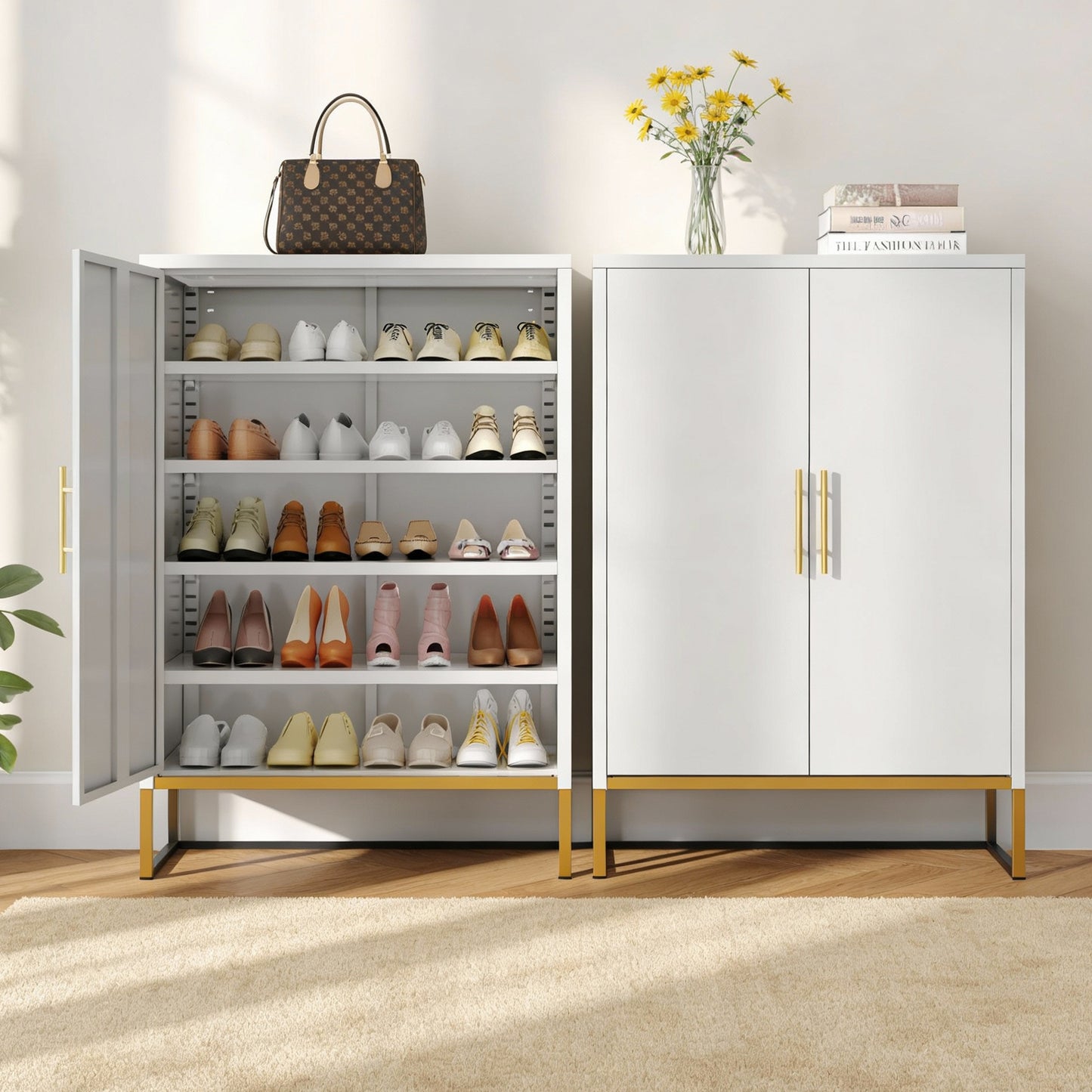 40-Inch Tall 2-Door Metal Shoe Cabinet - 7-Tier Organizer in White