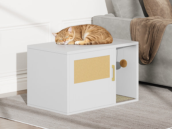 Multifunctional Cat Litter Box Cabinet with Odor Control & Side Table - White