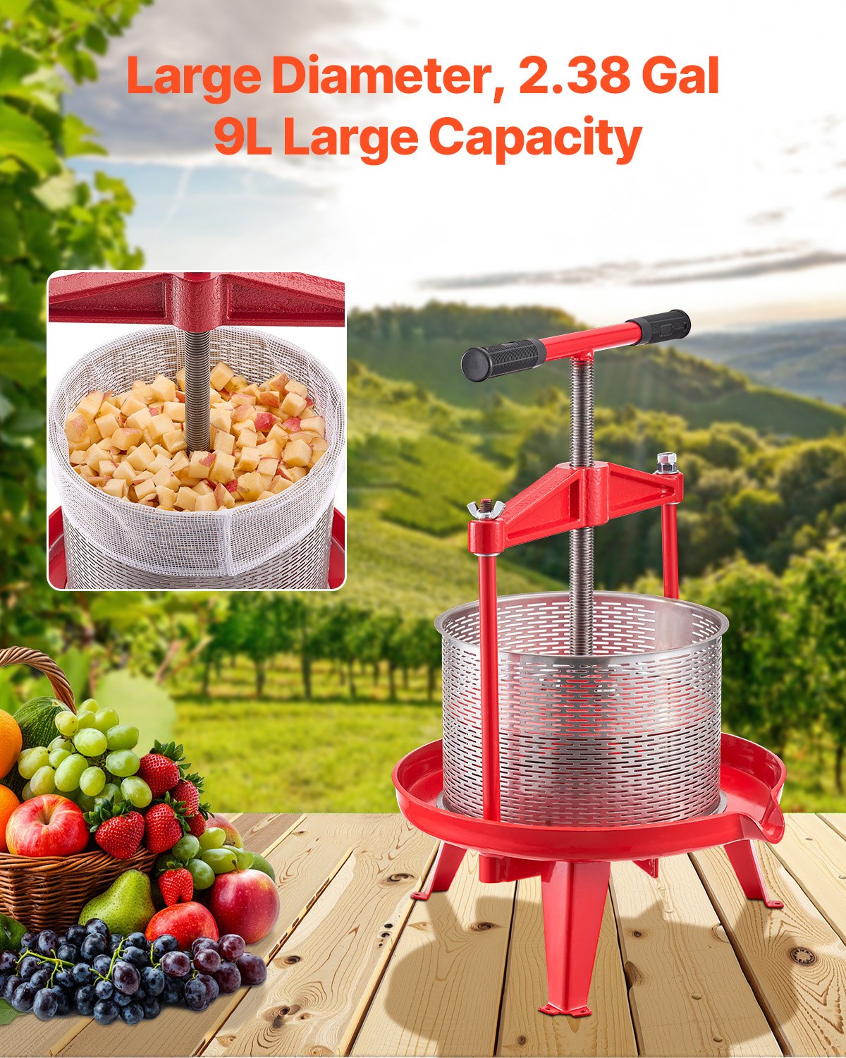 Manual Fruit Wine Press - 2.38 Gallon Stainless Steel Juicer