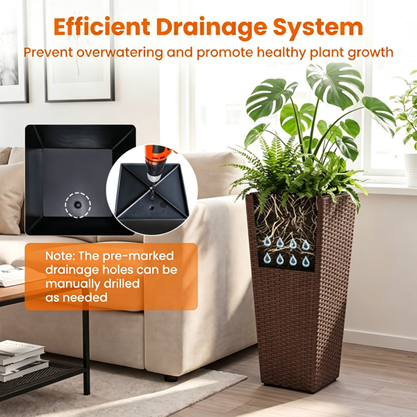Set of 2 Rattan Planters with Removable Inner Pots & Adjustable Metal Frames - Brown Garden Decor