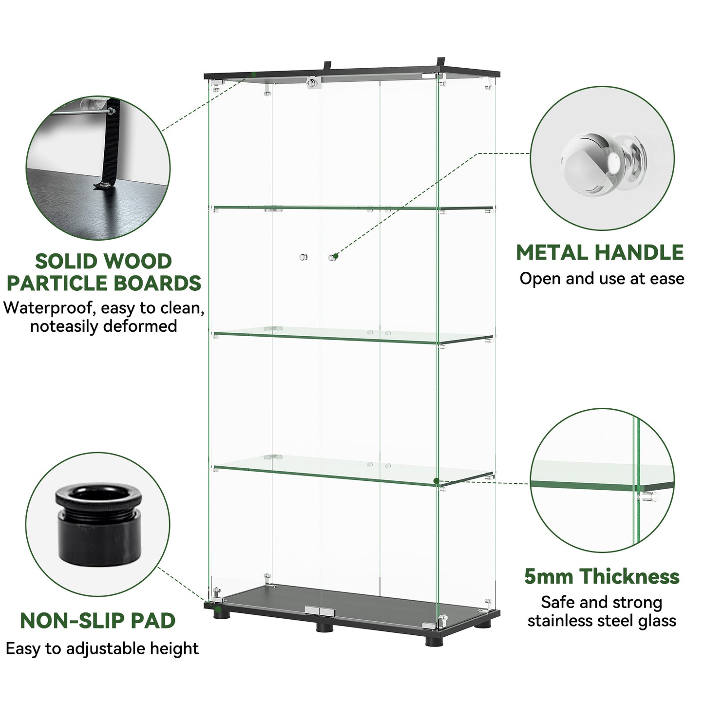 Glass Display Cabinet with 4 Shelves and Lock - Black