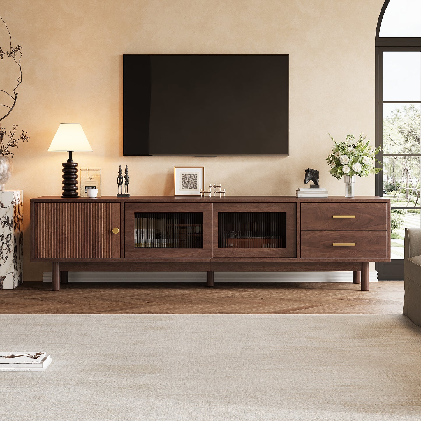 70-Inch Mid Century Modern TV Stand with Glass Sliding Doors